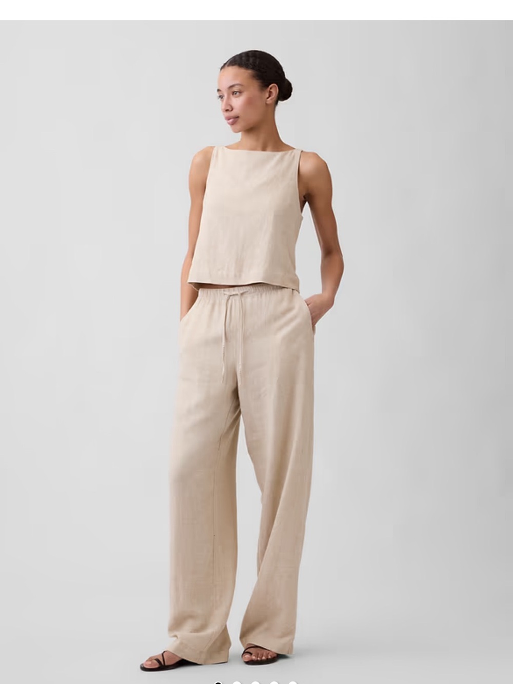 Beige Drawstring Wide-Leg Linen Pants - Picture 3 of 3